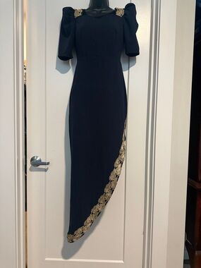 SHEIN Black Asymmetrical Gown with Gold Lace Trim